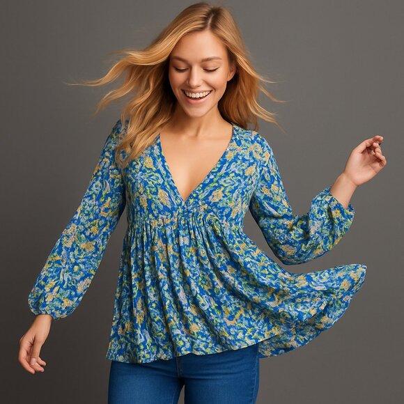 Free People Tops - Free People Tunic Small Blue Green Floral Boho Bell Sleeve Peasant Hippie Top